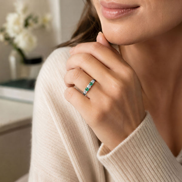 18ct White Gold Emerald And Diamond Half Eternity Ring