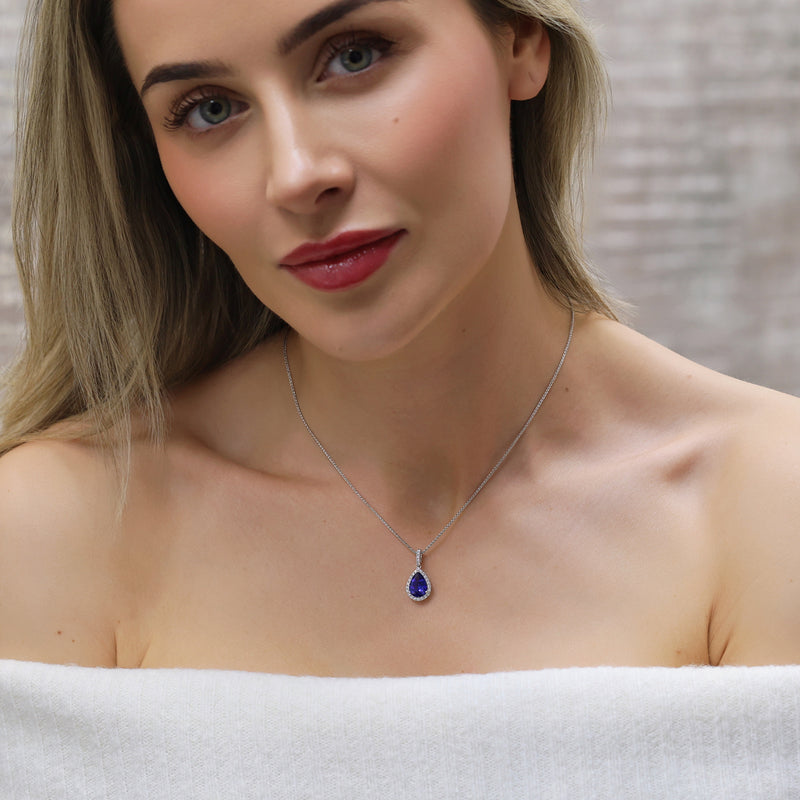 18ct White Gold Pear Shaped Tanzanite & Diamond Cluster Pendant