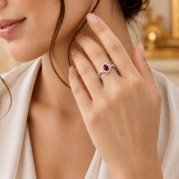 Berry's Platinum Oval Ruby And Diamond Halo Ring With Diamond Shoulders - Berry's Jewellers