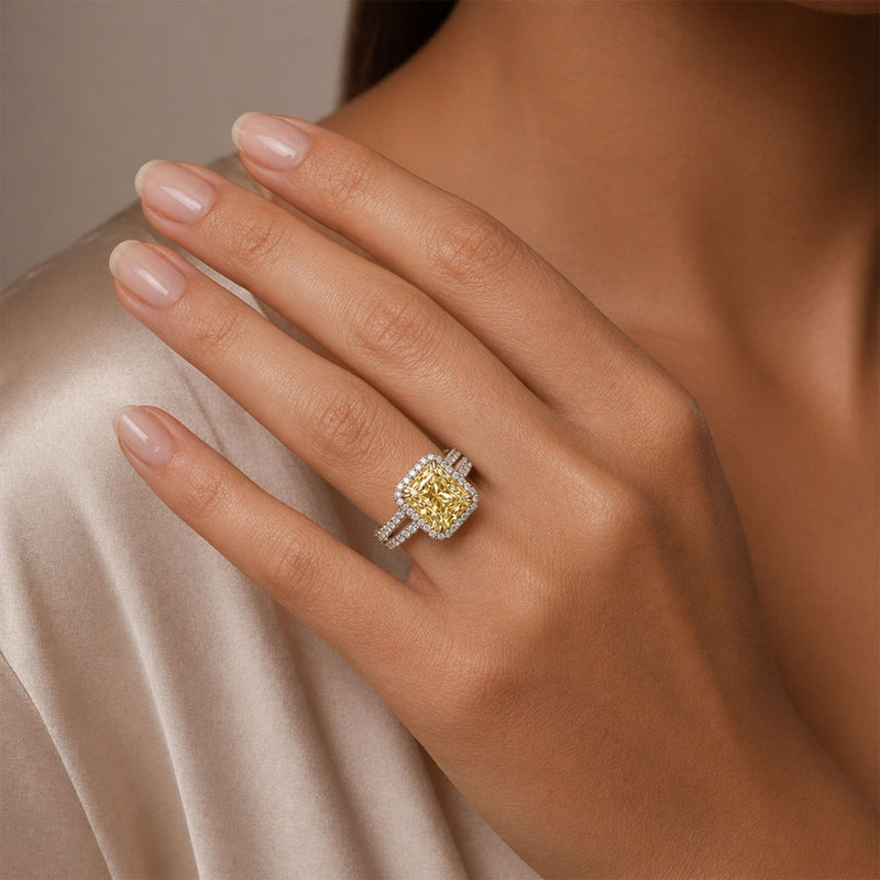Berry's Platinum GIA Certificated Cushion Shape Yellow Diamond Halo Ring With Diamond Set Shoulders - Berry's Jewellers