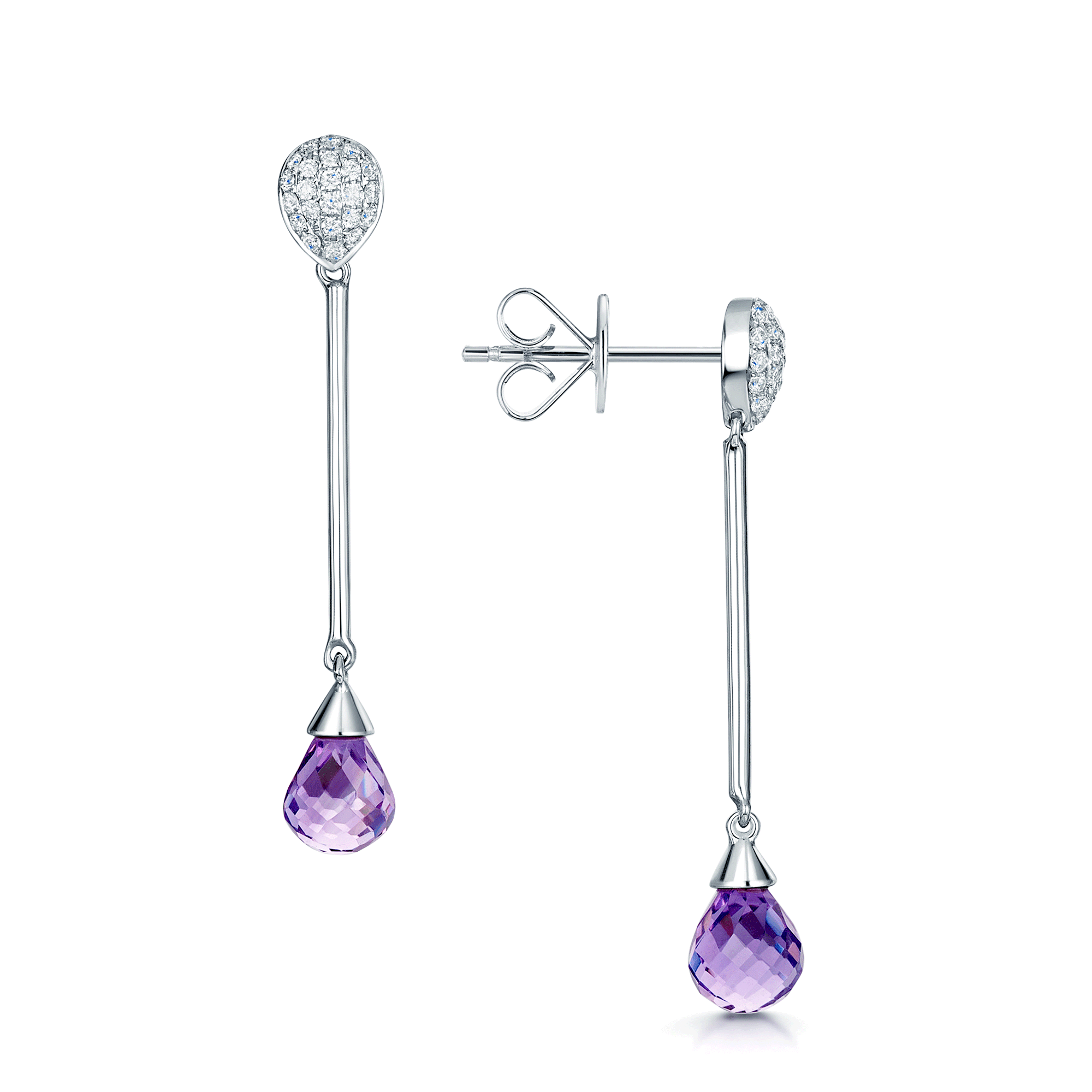 18ct White Gold Drop Briolette Cut Amethyst Drop Earrings With A Pave Diamond Stud