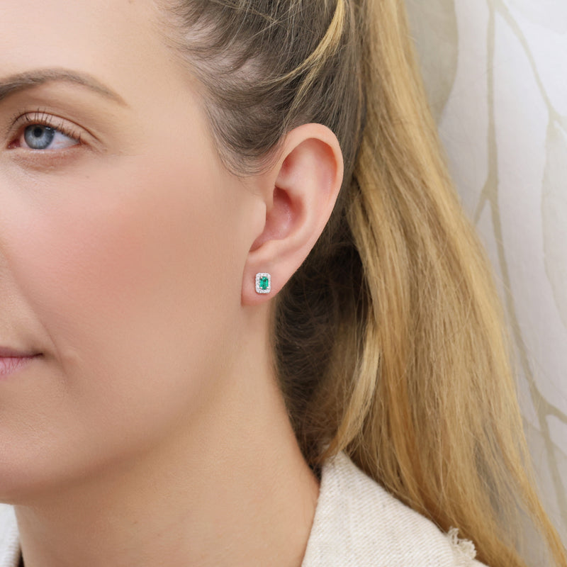 Berry's 18ct White Gold Emerald And Diamond Halo Stud Earrings - Berry's Jewellers