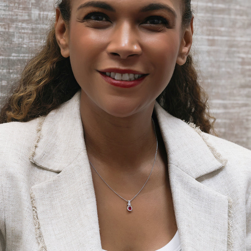 Berry's 18ct White Gold Pear Cut Ruby And Double Diamond Halo Fancy Surround Pendant - Berry's Jewellers