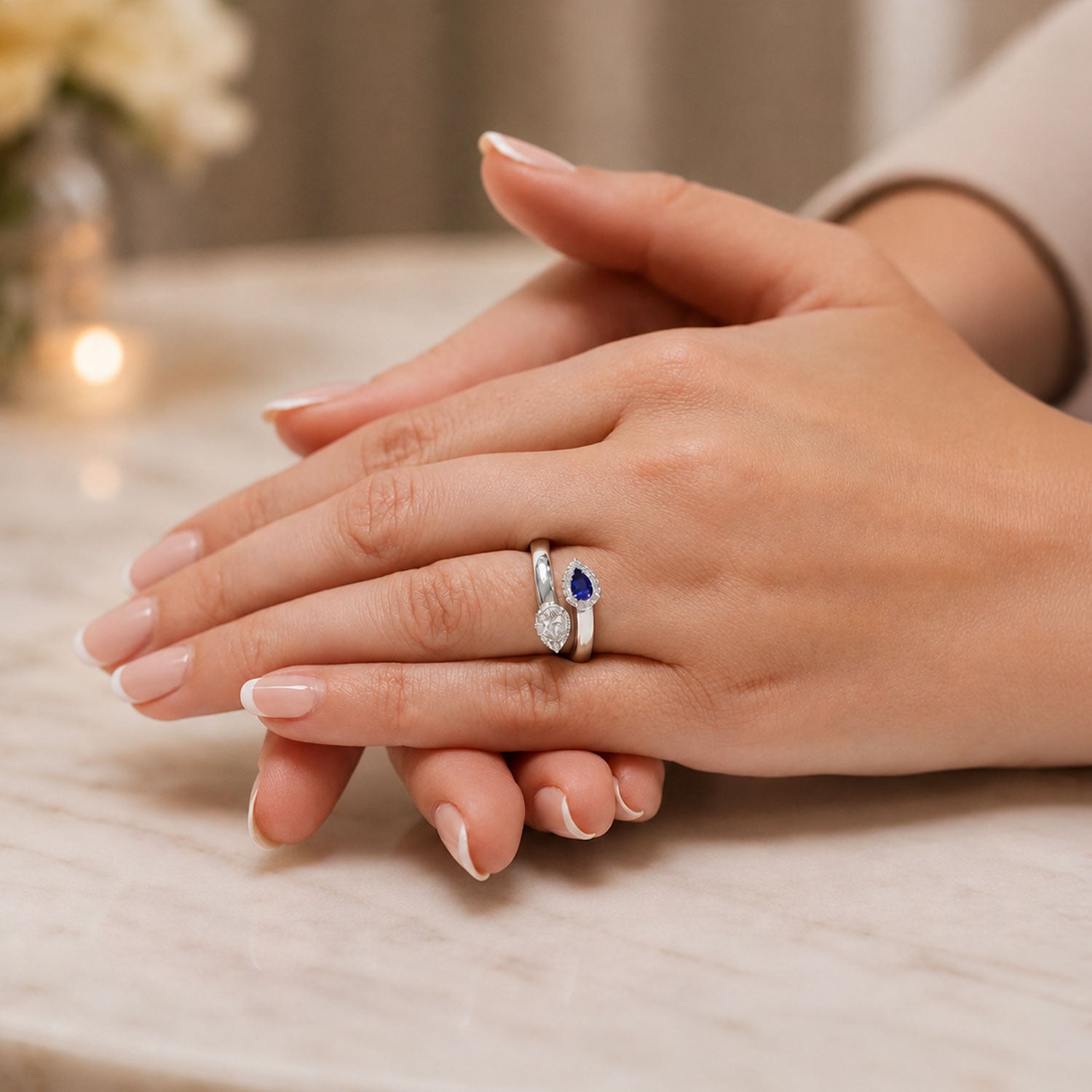 Platinum Toi et Moi Pear Cut Sapphire and Diamond Two Stone Ring