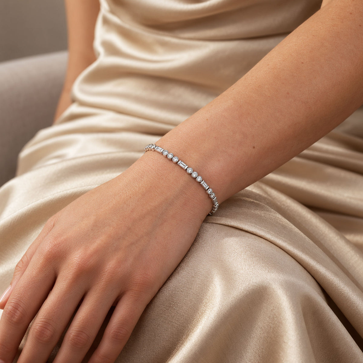 Berry's 18ct White Gold Round And Baguette Cut Diamond Rub-Over Set Bracelet - Berry's Jewellers