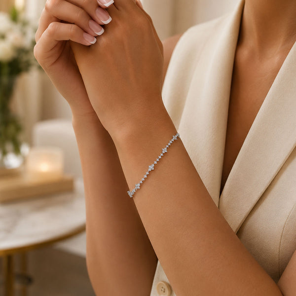 18ct White Gold Diamond Tennis Bracelet With Diamond Cluster Sections