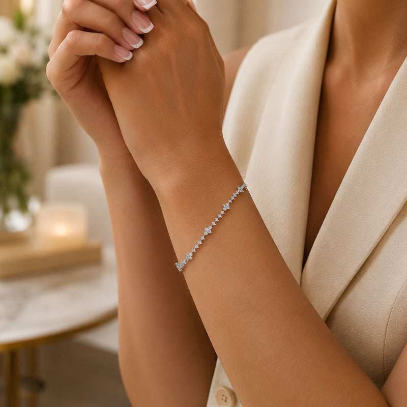 18ct White Gold Diamond Tennis Bracelet With Diamond Cluster Sections
