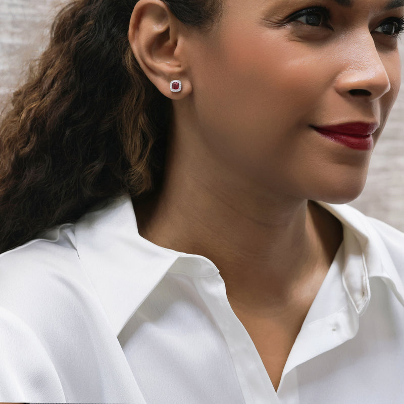 Berry's 18ct White Gold Cushion Shape Ruby & Diamond Stud Earrings - Berry's Jewellers