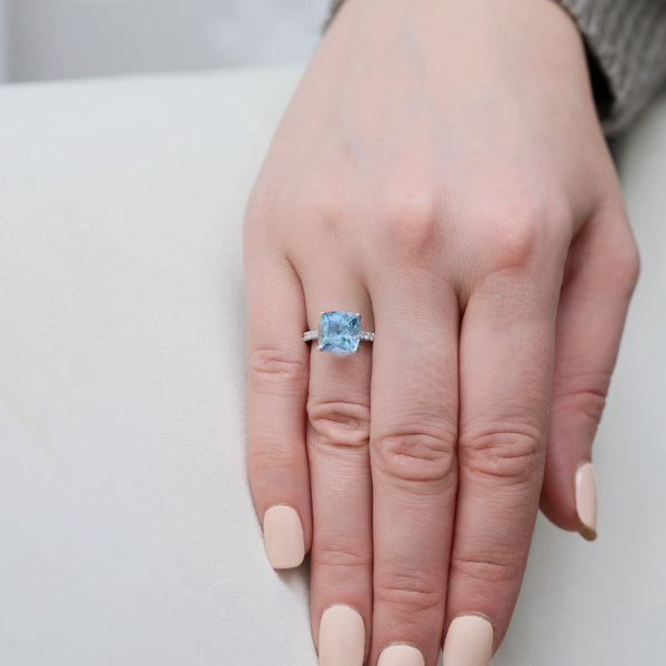 Berry's Platinum Cushion Cut Aquamarine Ring with Round Brilliant Diamond Set Shoulders - Berry's Jewellers