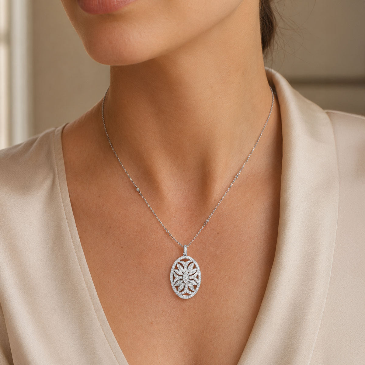 18ct White Gold Round Brilliant And Marquise Cut Diamond Floral Migrain Set Pendant