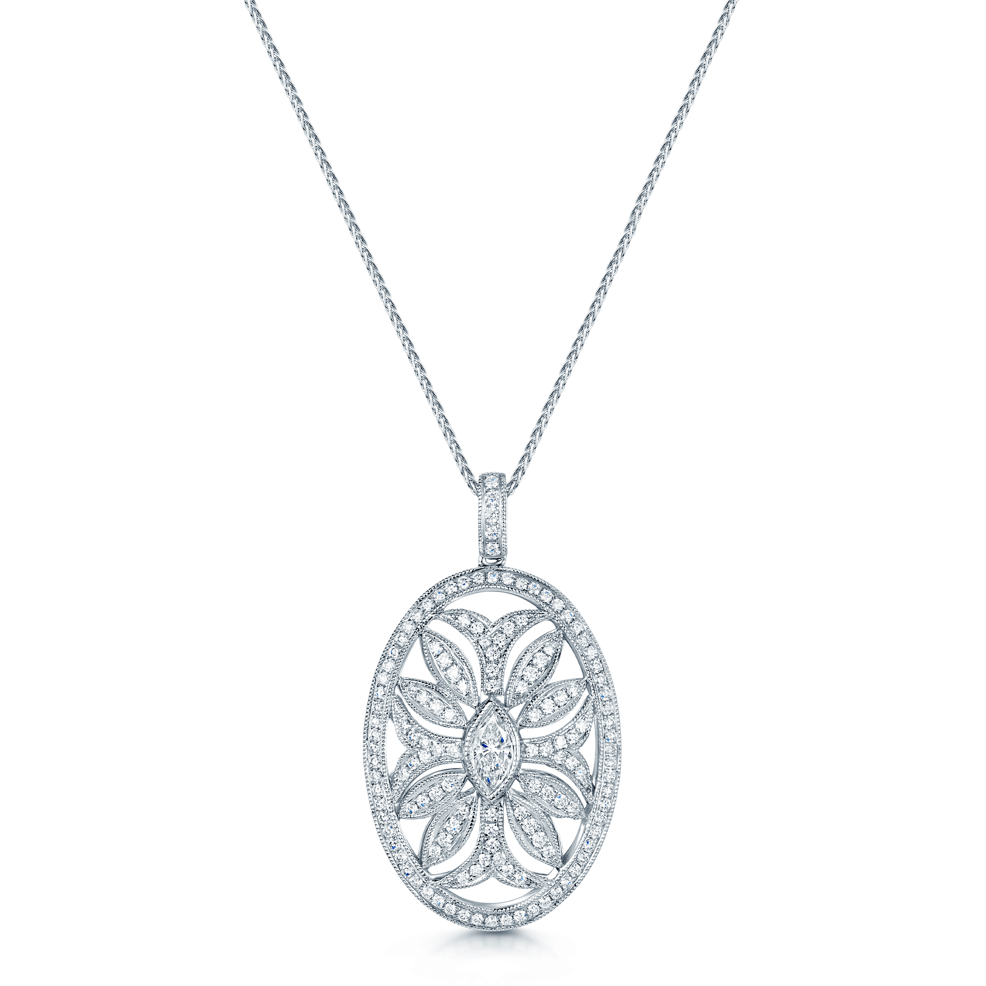 18ct White Gold Round Brilliant & Marquise Cut Diamond Floral Milgrain Set Pendant