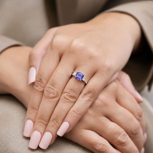 18ct White Gold Cushion Cut Tanzanite And Diamond Three Stone Ring