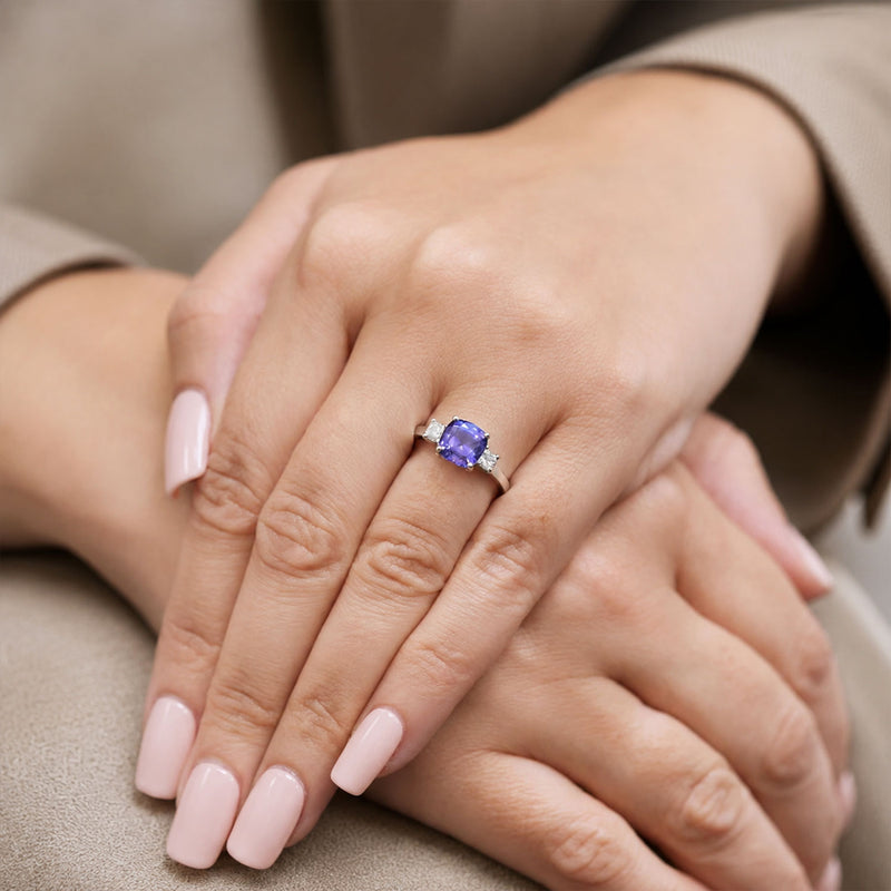 18ct White Gold Cushion Cut Tanzanite And Diamond Three Stone Ring