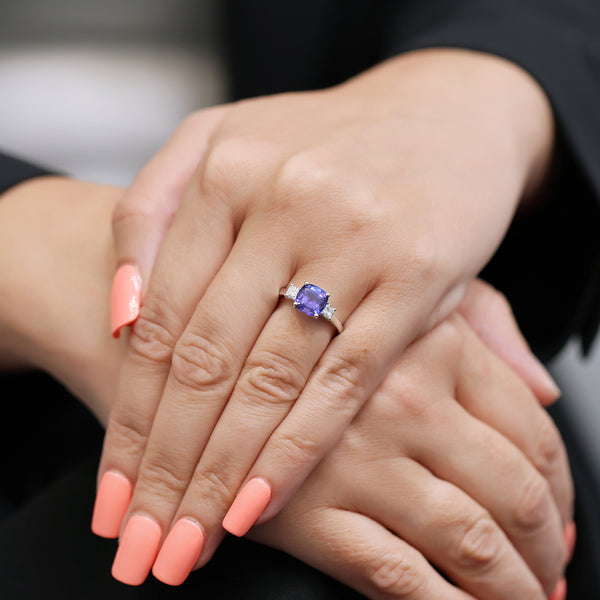 Berry's 18ct White Gold Cushion Cut Tanzanite And Diamond Three Stone Ring - Berry's Jewellers