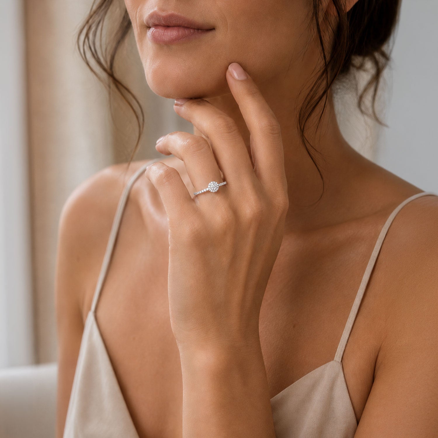 Platinum Round Brilliant Cut Halo Diamond Ring With Diamond Shoulders