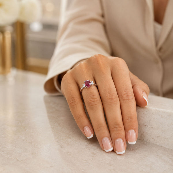 18ct White Gold Ruby & Diamond Oval Three Stone Ring