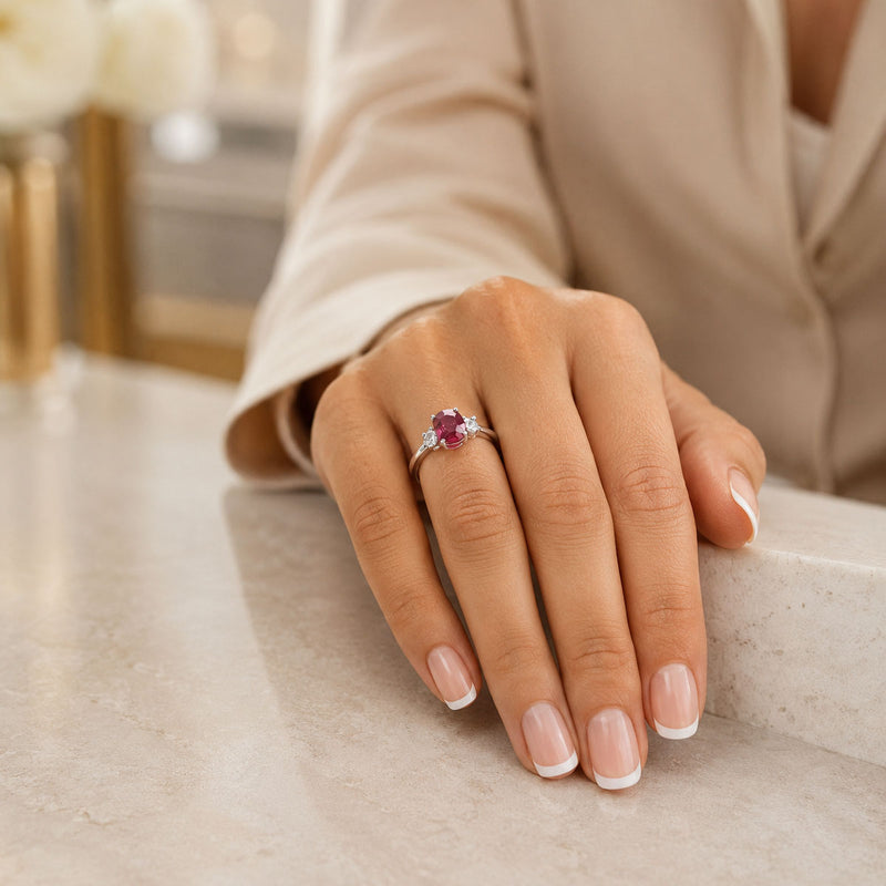 18ct White Gold Ruby & Diamond Oval Three Stone Ring