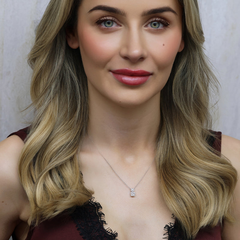 18ct White Gold Princess And Round Brilliant Cut Double Halo Pendant