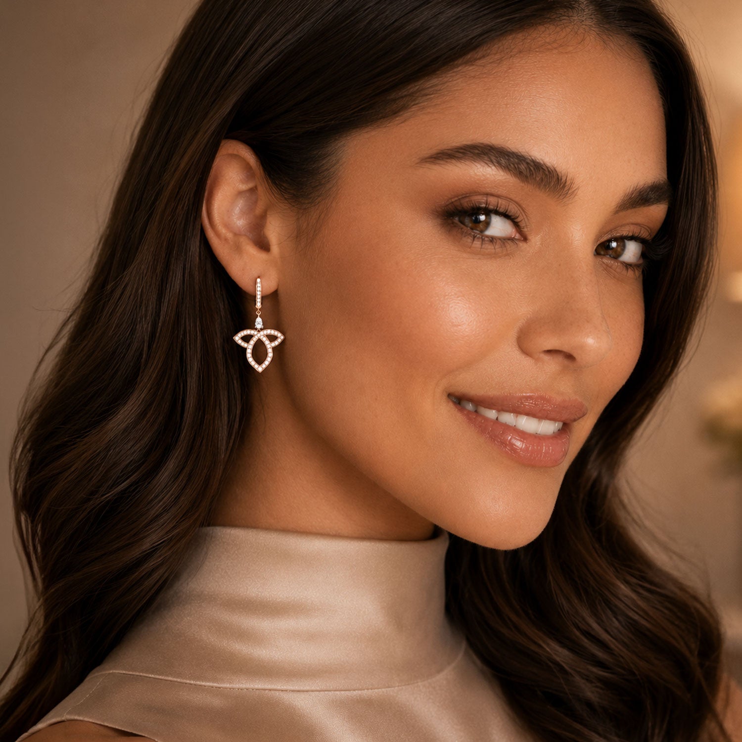 18ct Rose Gold Pear And Round Brilliant Cut Open Lotus Drop Earrings