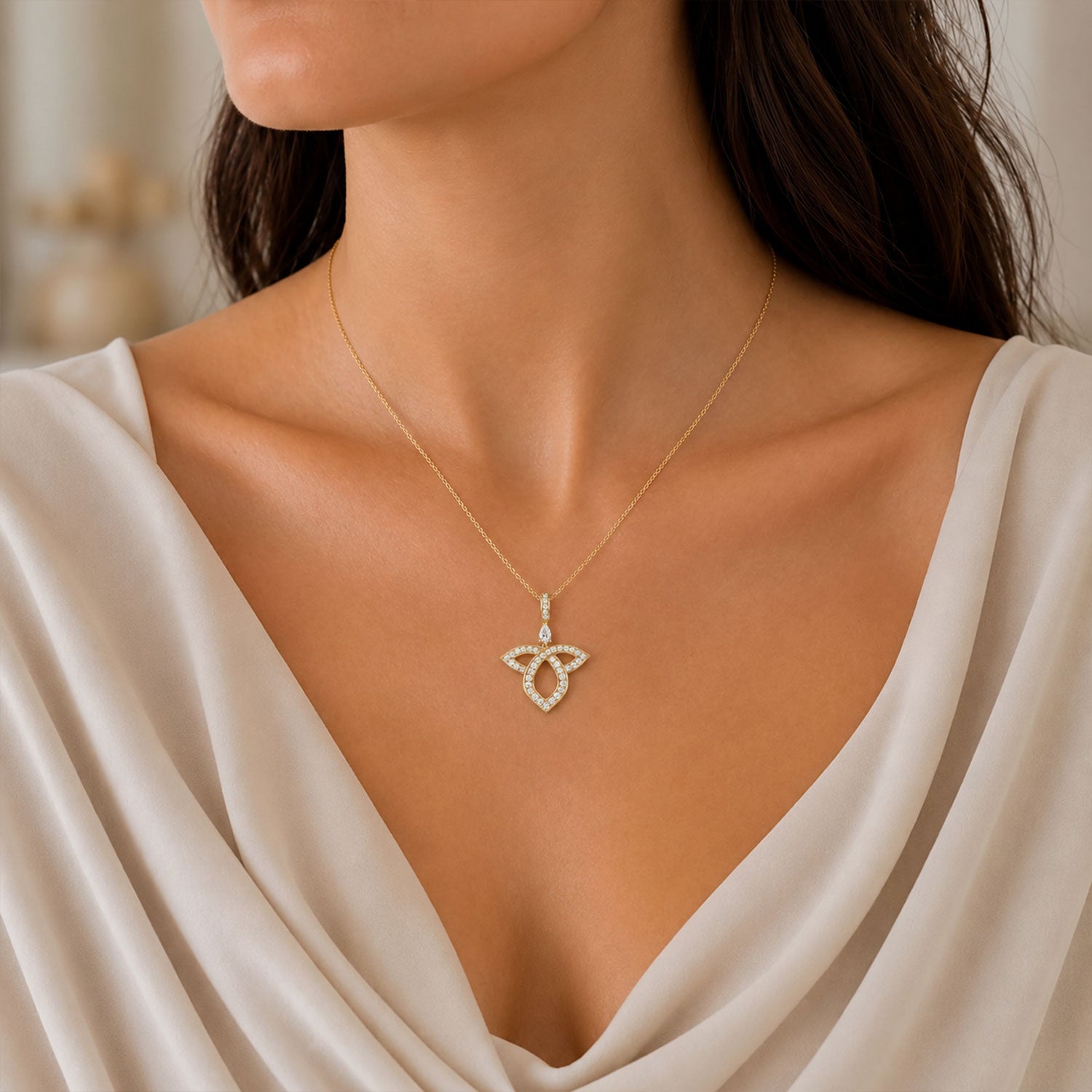18ct Yellow Gold Pear And Round Brilliant Cut Diamond Open Lotus Pendant