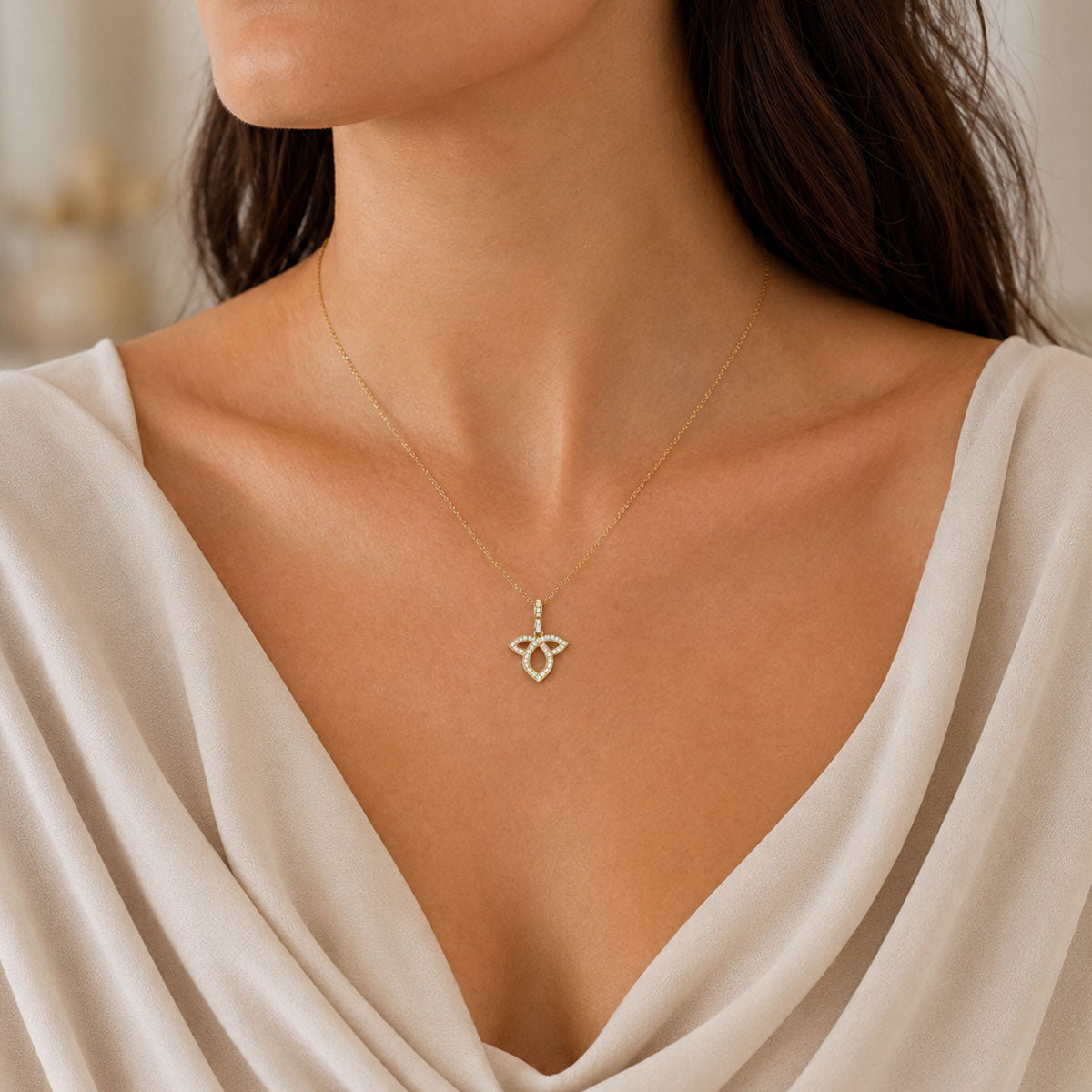 18ct Yellow Gold Pear And Round Brilliant Cut Diamond Open Lotus Pendant