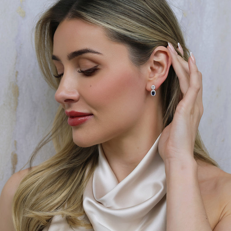 18ct White Gold Oval Diamond & Sapphire Double Drop Earrings