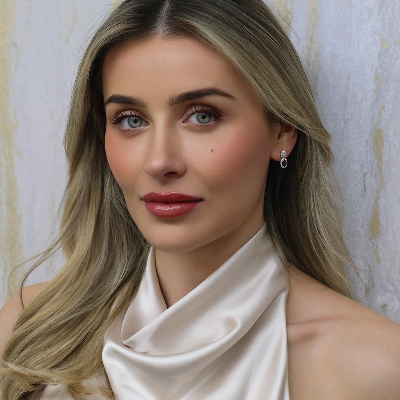 18ct White Gold Oval Diamond & Sapphire Double Drop Earrings