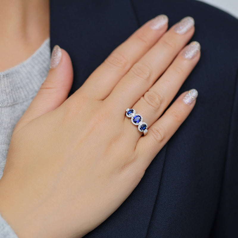 Berry's Platinum Round Brilliant Sapphire Fancy Three Stone Ring With A Diamond Halo Surround - Berry's Jewellers