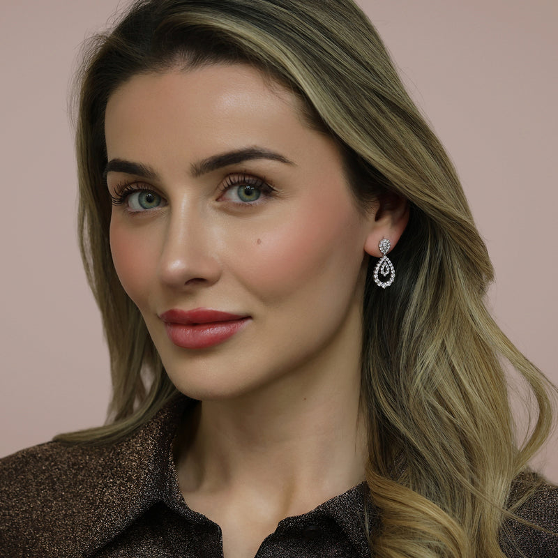 18ct White Gold Round Brilliant Cut Diamond Open Pear Shape Double Loop Drop Earrings