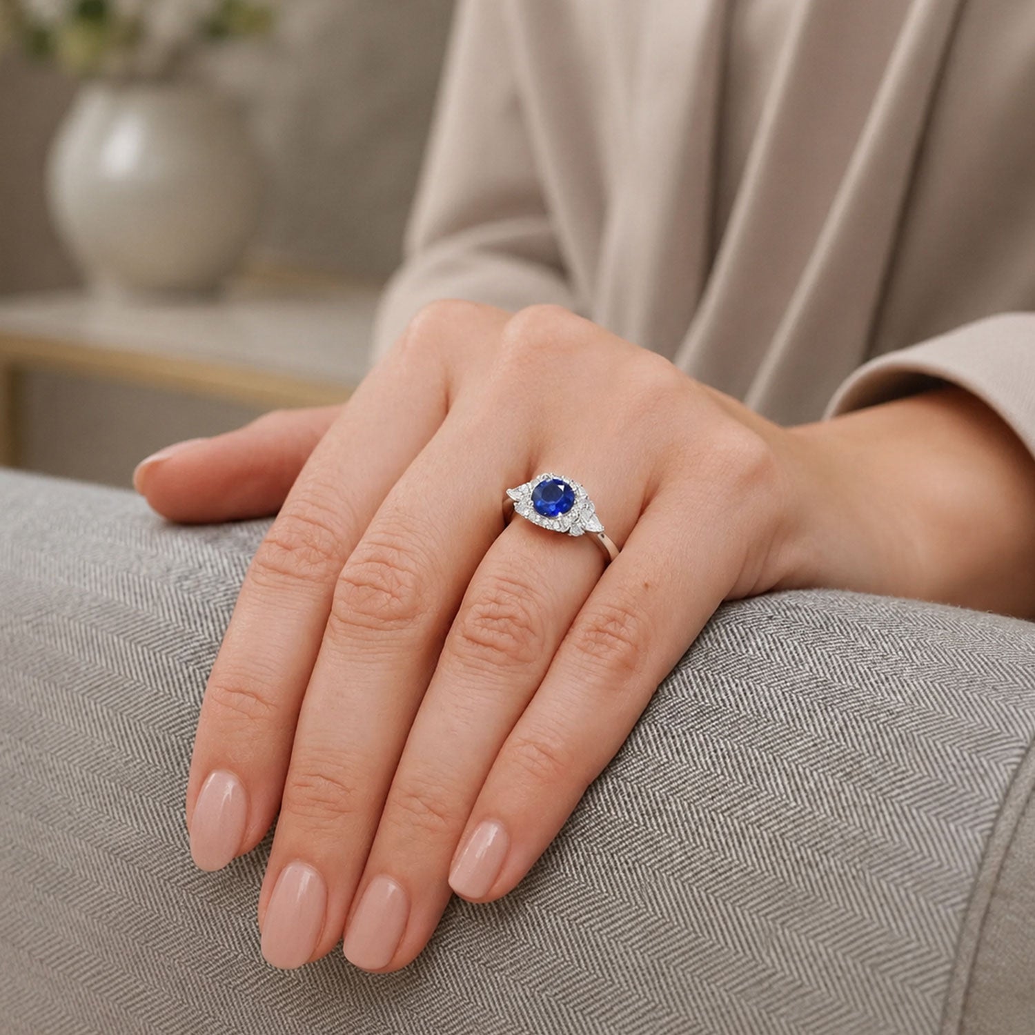 Platinum Round Brilliant Cut Sapphire And Diamond Cluster Ring