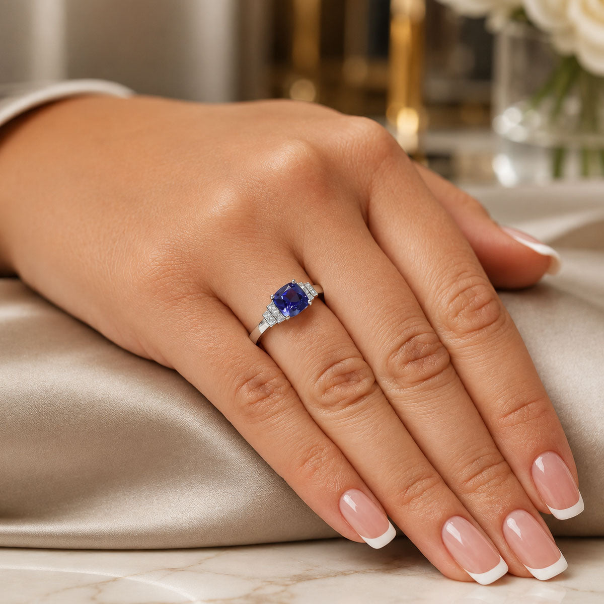Platinum Cushion Cut Tanzanite And Diamond Fancy Stepped Dress Ring