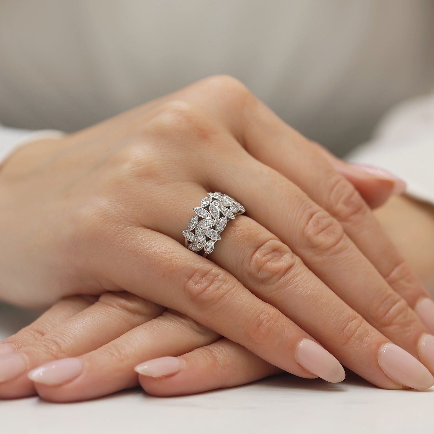 Berry's Platinum Round Brilliant Cut Diamond Fancy Leaf Design Wide Dress Ring - Berry's Jewellers