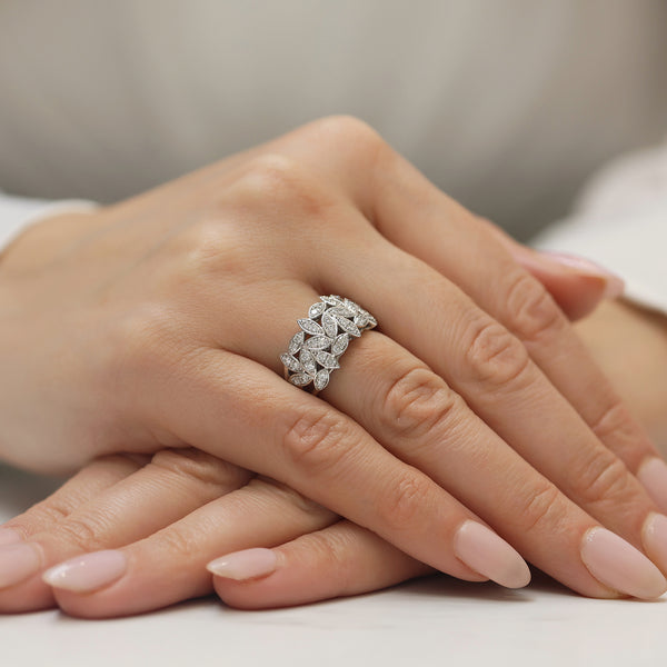 Berry's Platinum Round Brilliant Cut Diamond Fancy Leaf Design Wide Dress Ring - Berry's Jewellers