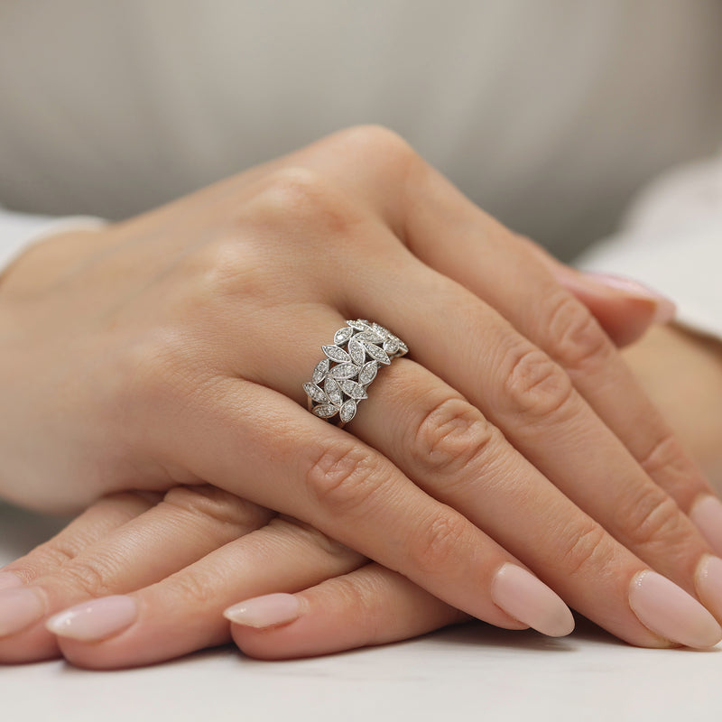 Berry's Platinum Round Brilliant Cut Diamond Fancy Leaf Design Wide Dress Ring - Berry's Jewellers