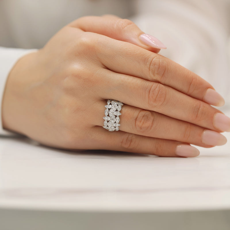 Berry's Platinum Round Brilliant Cut Diamond Fancy Leaf Design Wide Dress Ring - Berry's Jewellers