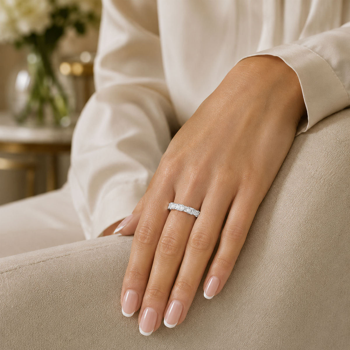 Platinum Emerald Cut Horizontal And Vertical Diamond Eternity Ring