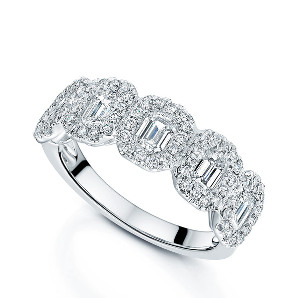 Berry's Platinum Emerald Cut Diamond Five Stone Halo Ring - Berry's Jewellers