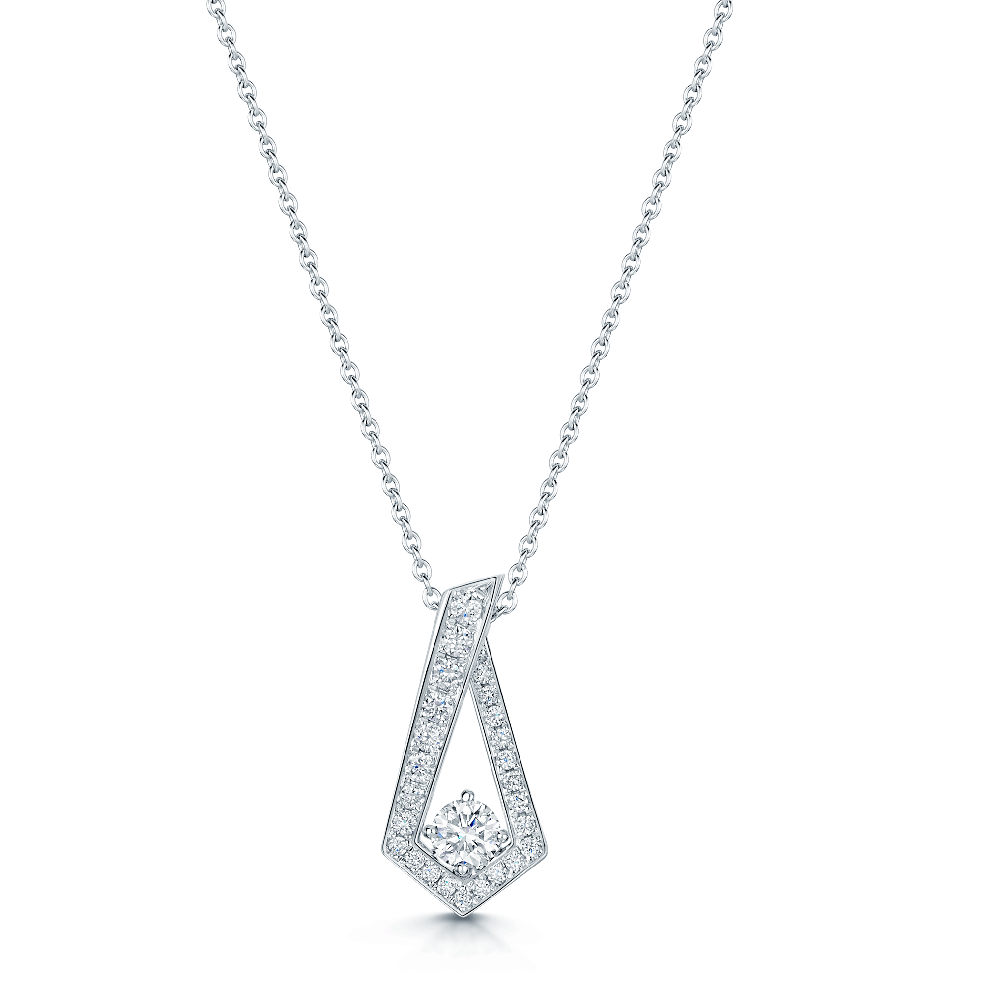 18ct White Gold Round Brilliant Cut Diamond Necklace Suspended In A Kite Shaped Halo