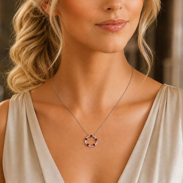OPEIA Collection 18ct White Gold Ruby And Diamond Fancy Circle Pendant With Chain