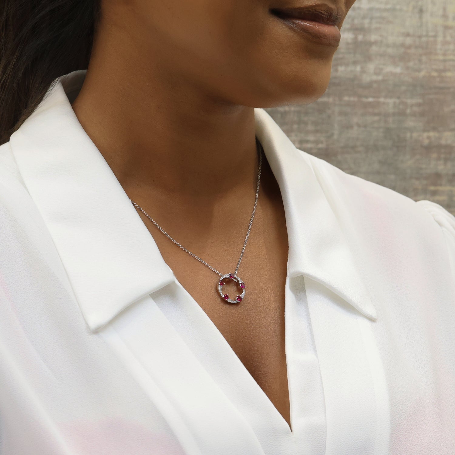 Berry's OPEIA Collection 18ct White Gold Ruby And Diamond Fancy Circle Pendant With Chain - Berry's Jewellers