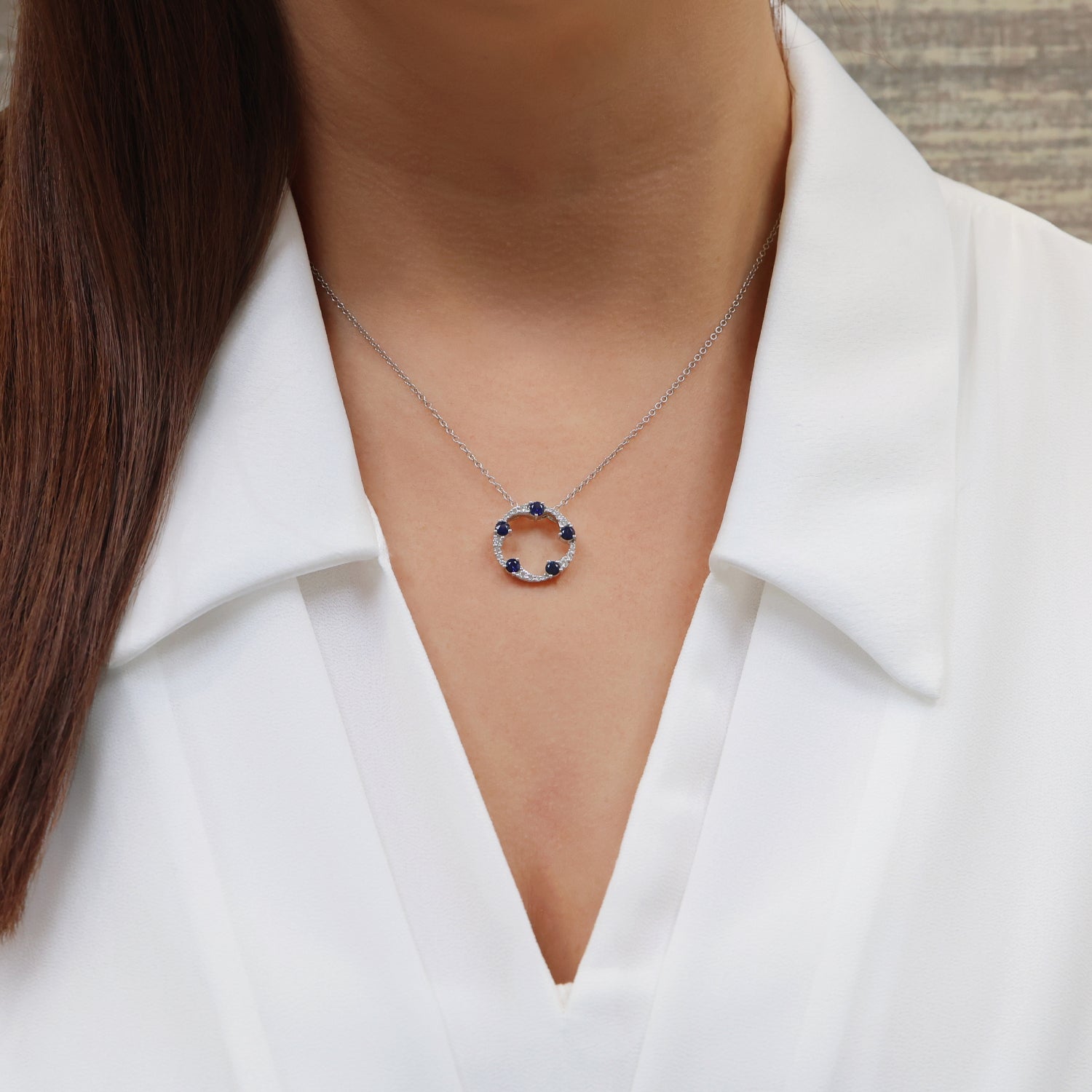 Berry's OPEIA Collection 18ct White Gold Sapphire Diamond Fancy Circle Pendant With Chain - Berry's Jewellers