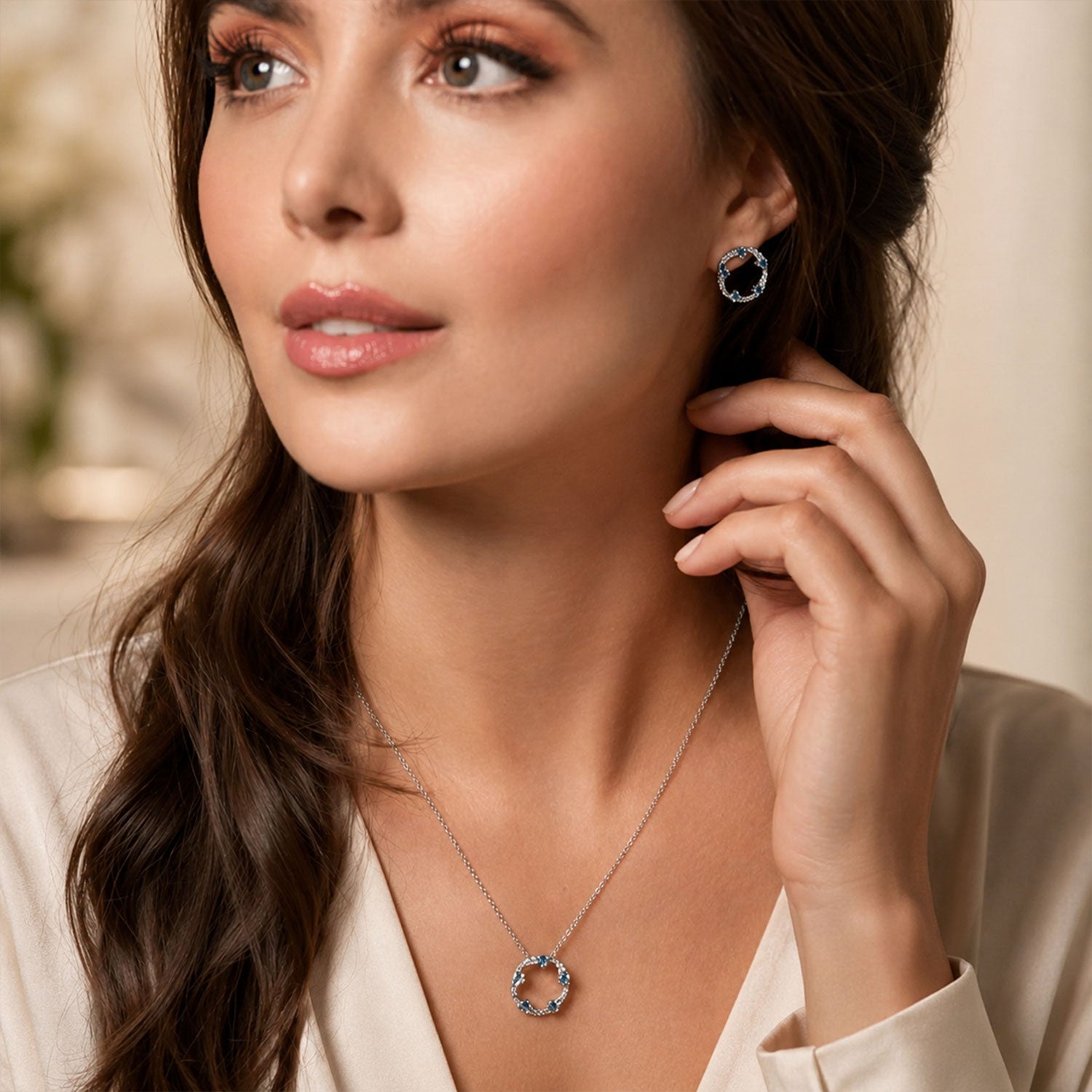 OPEIA Collection 18ct White Gold Aquamarine And Diamond Fancy Circle Stud Earrings