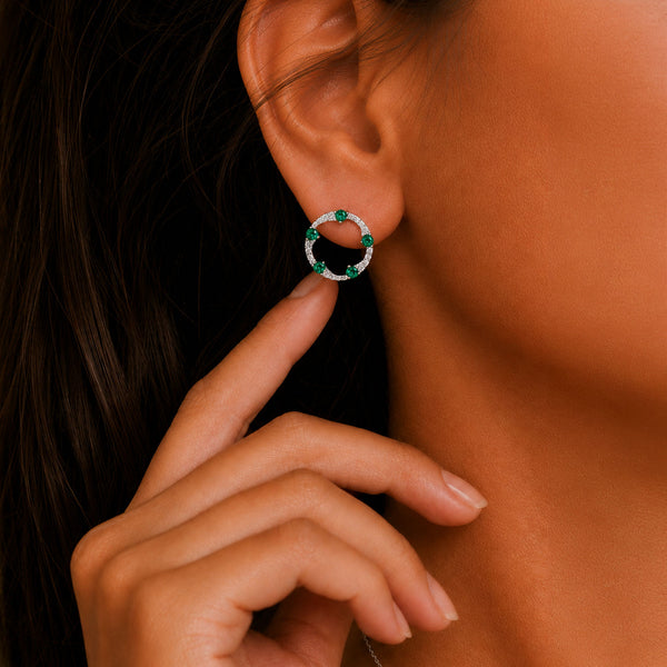 OPEIA Collection 18ct White Gold Emerald And Diamond Fancy Circle Stud Earrings