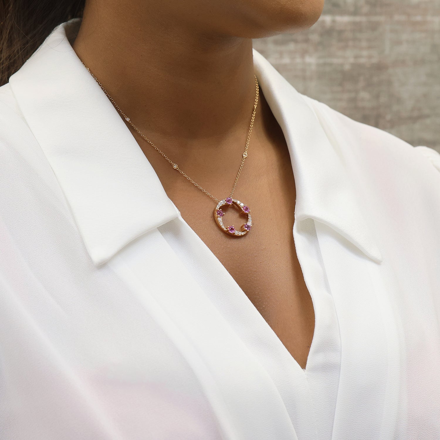 Berry's OPEIA Collection 18ct Rose Gold Pink Sapphire And Diamond Large Circle Pendant - Berry's Jewellers