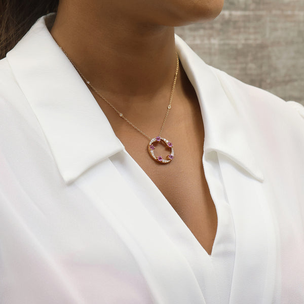 Berry's OPEIA Collection 18ct Rose Gold Pink Sapphire And Diamond Large Circle Pendant - Berry's Jewellers