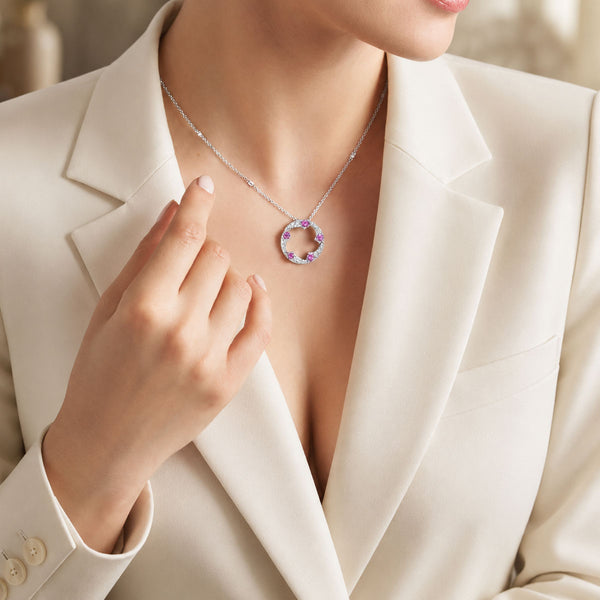 Berry's OPEIA Collection 18ct White Gold Pink Sapphire And Diamond Fancy Large Circle Pendant With Chain - Berry's Jewellers