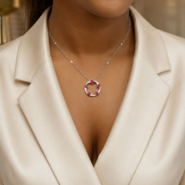 Berry's OPEIA Collection 18ct White Gold Ruby And Diamond Fancy Large Circle Pendant With Chain - Berry's Jewellers