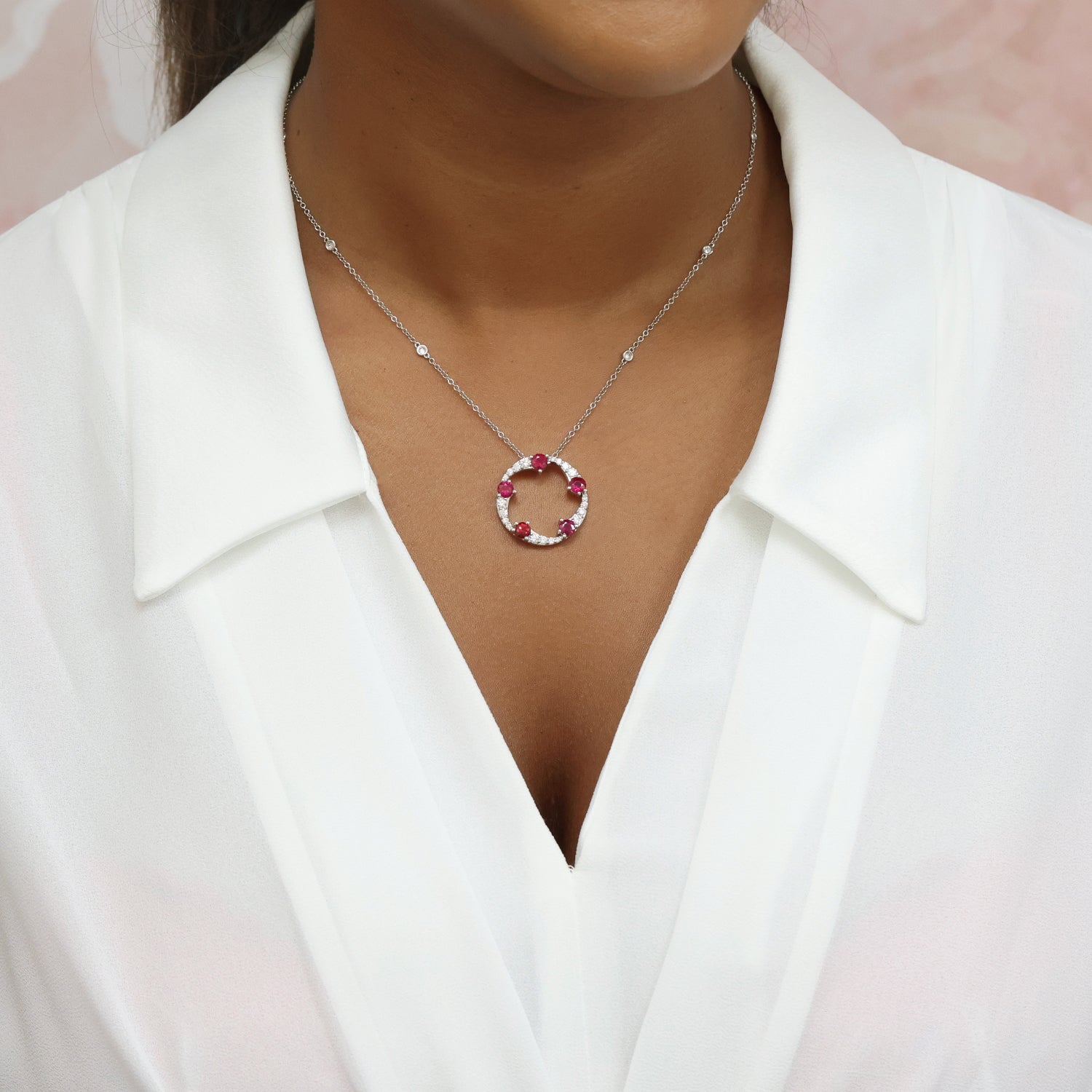 Berry's OPEIA Collection 18ct White Gold Ruby And Diamond Fancy Large Circle Pendant With Chain - Berry's Jewellers