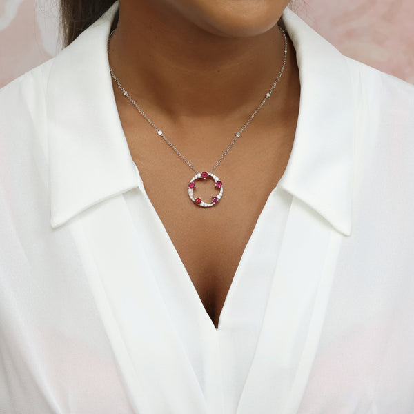 Berry's OPEIA Collection 18ct White Gold Ruby And Diamond Fancy Large Circle Pendant With Chain - Berry's Jewellers