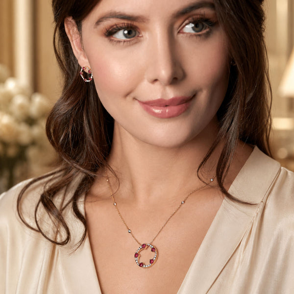 OPEIA Collection 18ct Yellow Gold Ruby And Diamond Fancy Large Circle Pendant With Chain